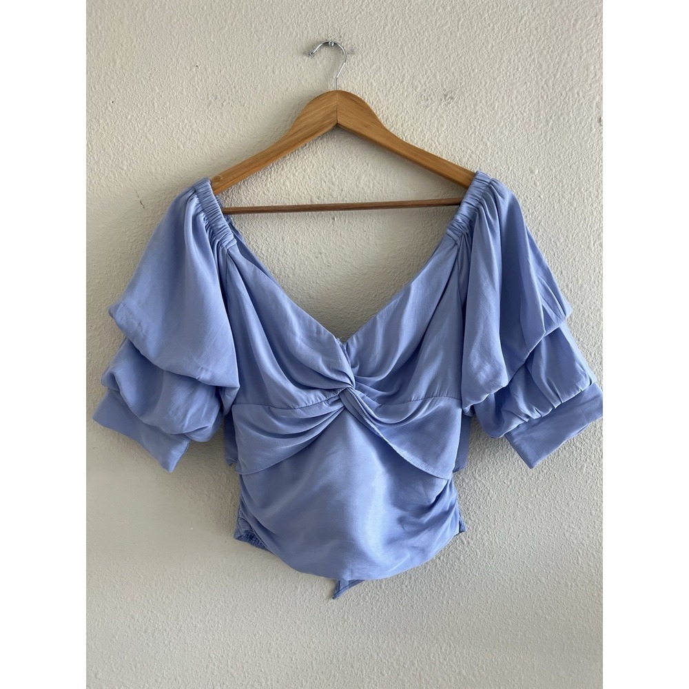 DO + BE Blue Pleated Puff Sleeve Tie-Back Crop Top Med Smocked Coquette Feminine